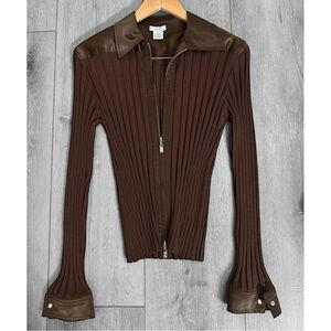 💎💎Vintage Caché chocolate brown Y2K rhinestone zip ribbed sweater 🤎